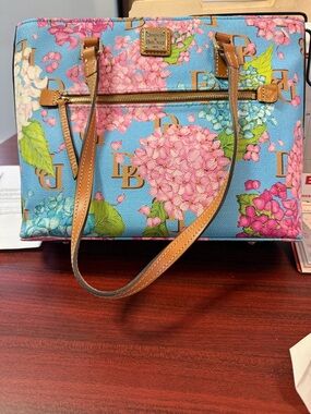 Dooney & Bourke Blue Floral Tote with Tan Straps